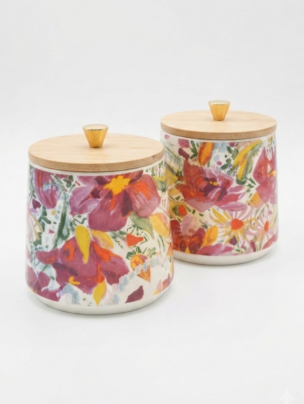 Opalhouse Stoneware Floral Canisters Set of 2 Wood Lids Gold Knob 5" Cottagecore